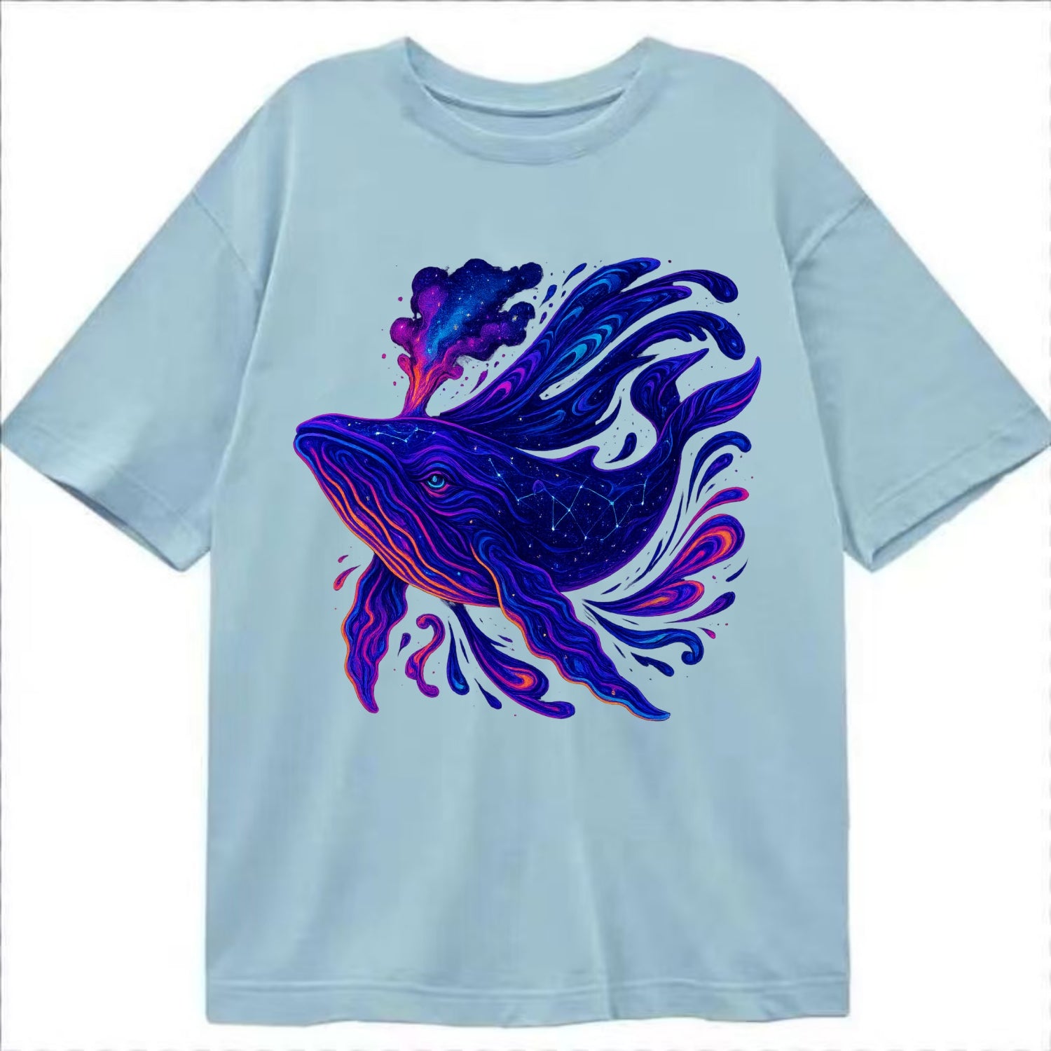 Majestic whale with body composed of galaxy clusters, stellar fins flowing like - Classic T-shirt - Light Blue