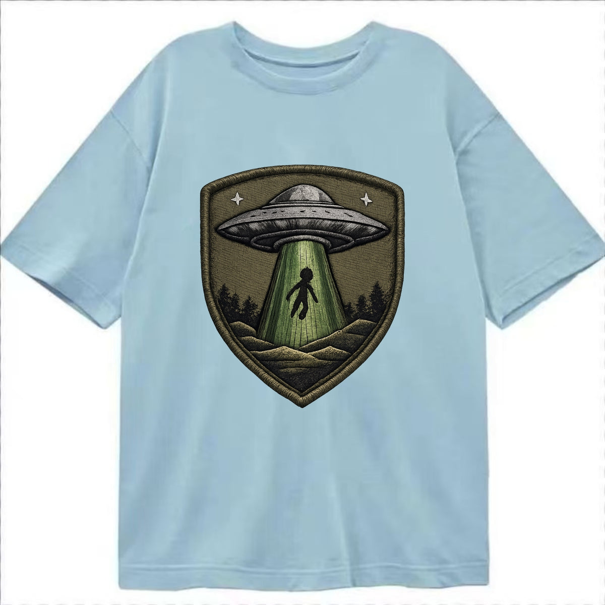 UFO ALIEN - flying saucer with beam in silver and green , extraterrestrial - Classic T-shirt - Light Blue
