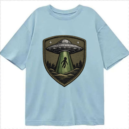 UFO ALIEN - flying saucer with beam in silver and green , extraterrestrial - Classic T-shirt - Light Blue