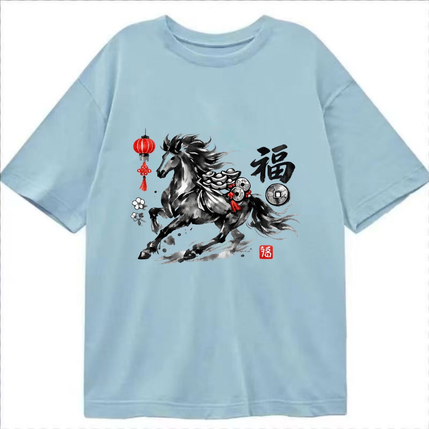 PROSPERITY HORSE | Horse carrying gold ingots and coins | Chinese knot - Classic T-shirt - Light Blue