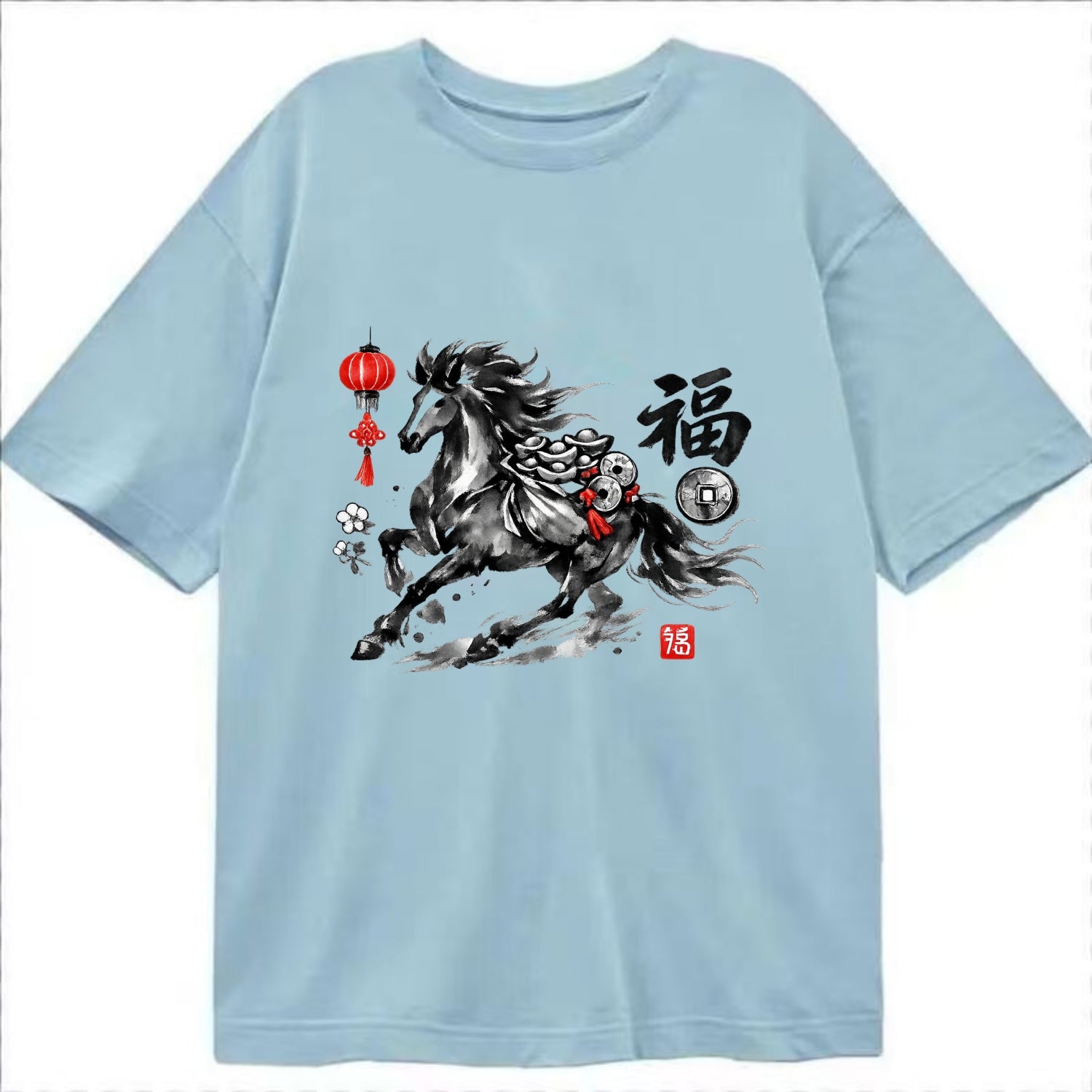 PROSPERITY HORSE | Horse carrying gold ingots and coins | Chinese knot - Classic T-shirt - Light Blue