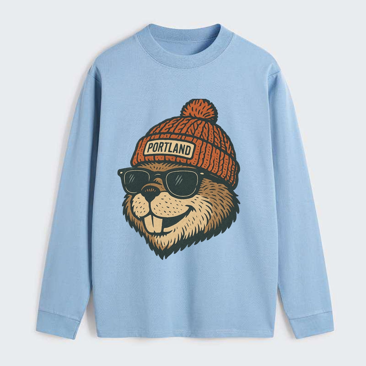 Oregon Beaver wearing Portland beanie with pom pom and wayfarer - Classic Long Sleeve Shirt - Light Blue