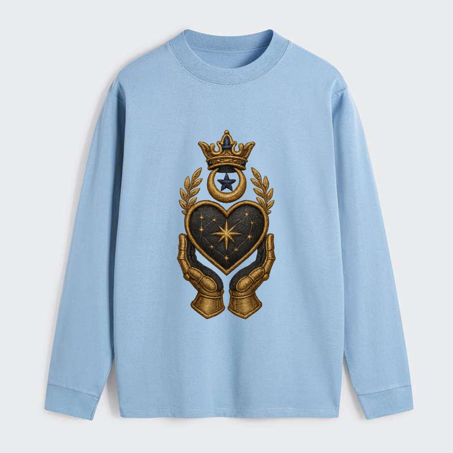 Crowned heart with Art Deco sunburst crown and geometric filigree hands - Classic Long Sleeve Shirt - Light Blue