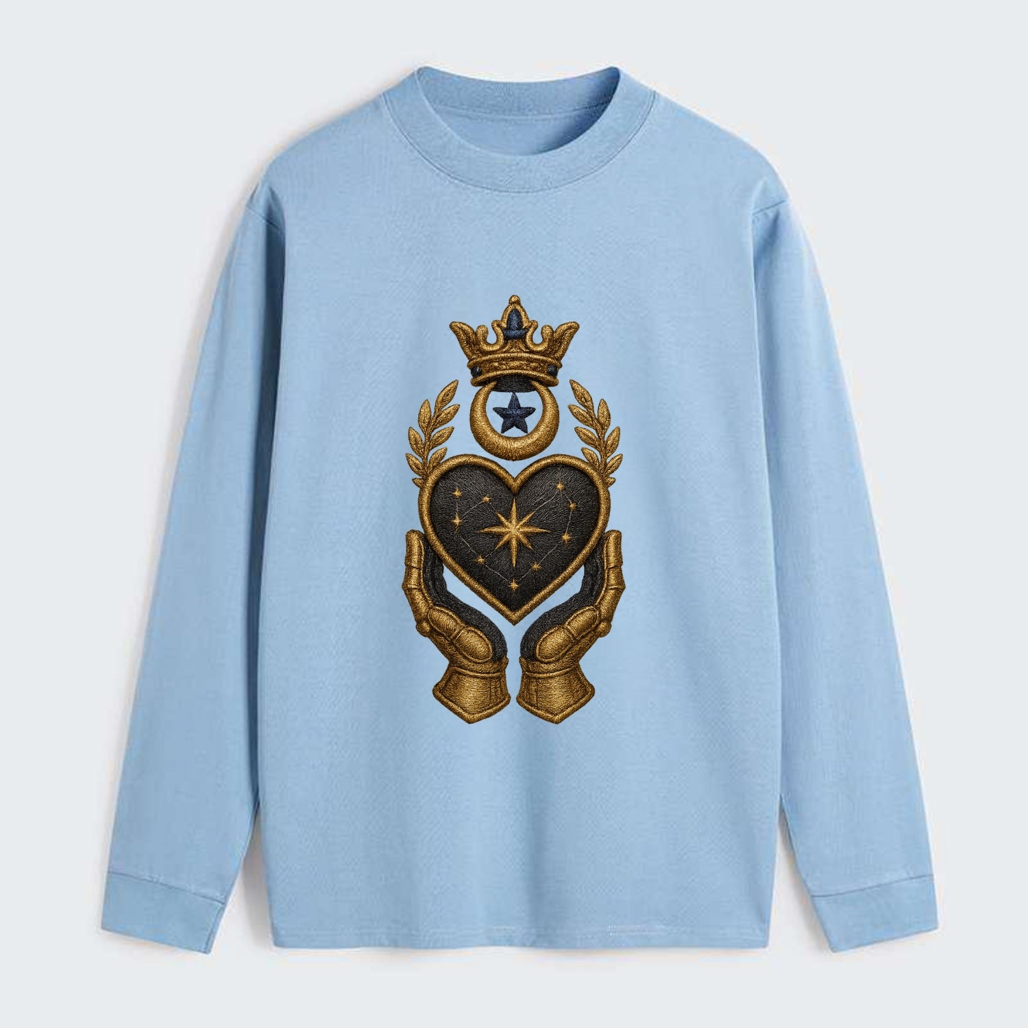 Crowned heart with Art Deco sunburst crown and geometric filigree hands - Classic Long Sleeve Shirt - Light Blue