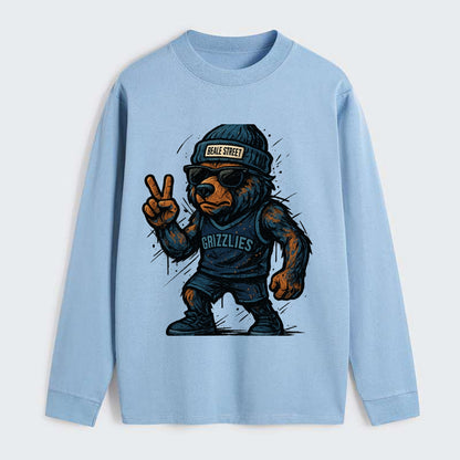 Memphis Grizzly Bear wearing Grizzlies navy and light blue beanie with - Classic Long Sleeve Shirt - Light Blue