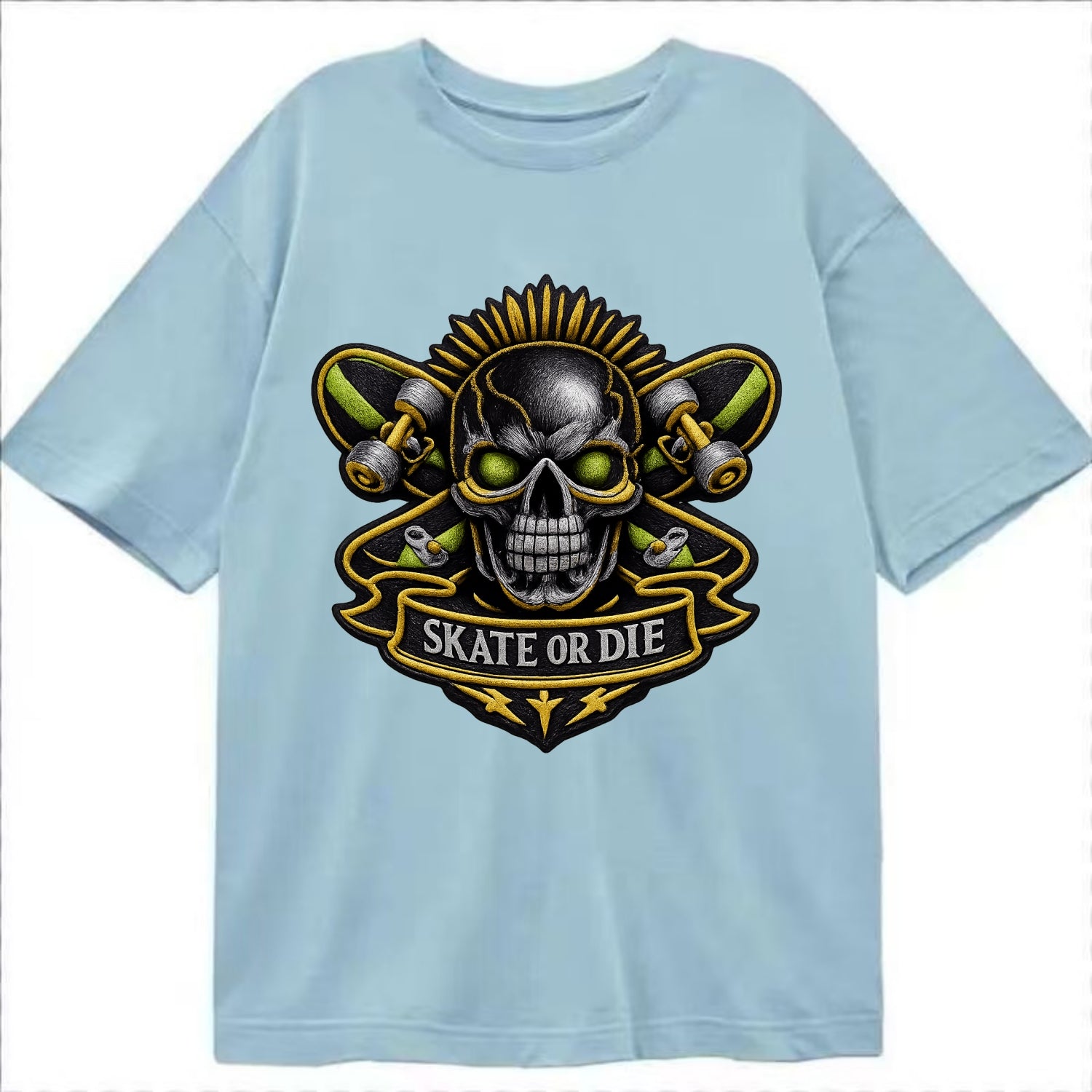 Embroidered patch design - SKATEBOARD SKULL - skull with skateboard in black and - Classic T-shirt - Light Blue