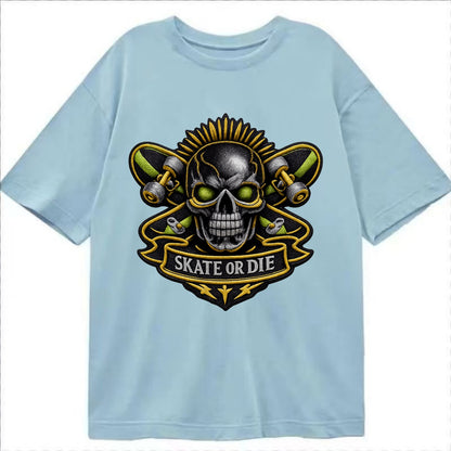 Embroidered patch design - SKATEBOARD SKULL - skull with skateboard in black and - Classic T-shirt - Light Blue