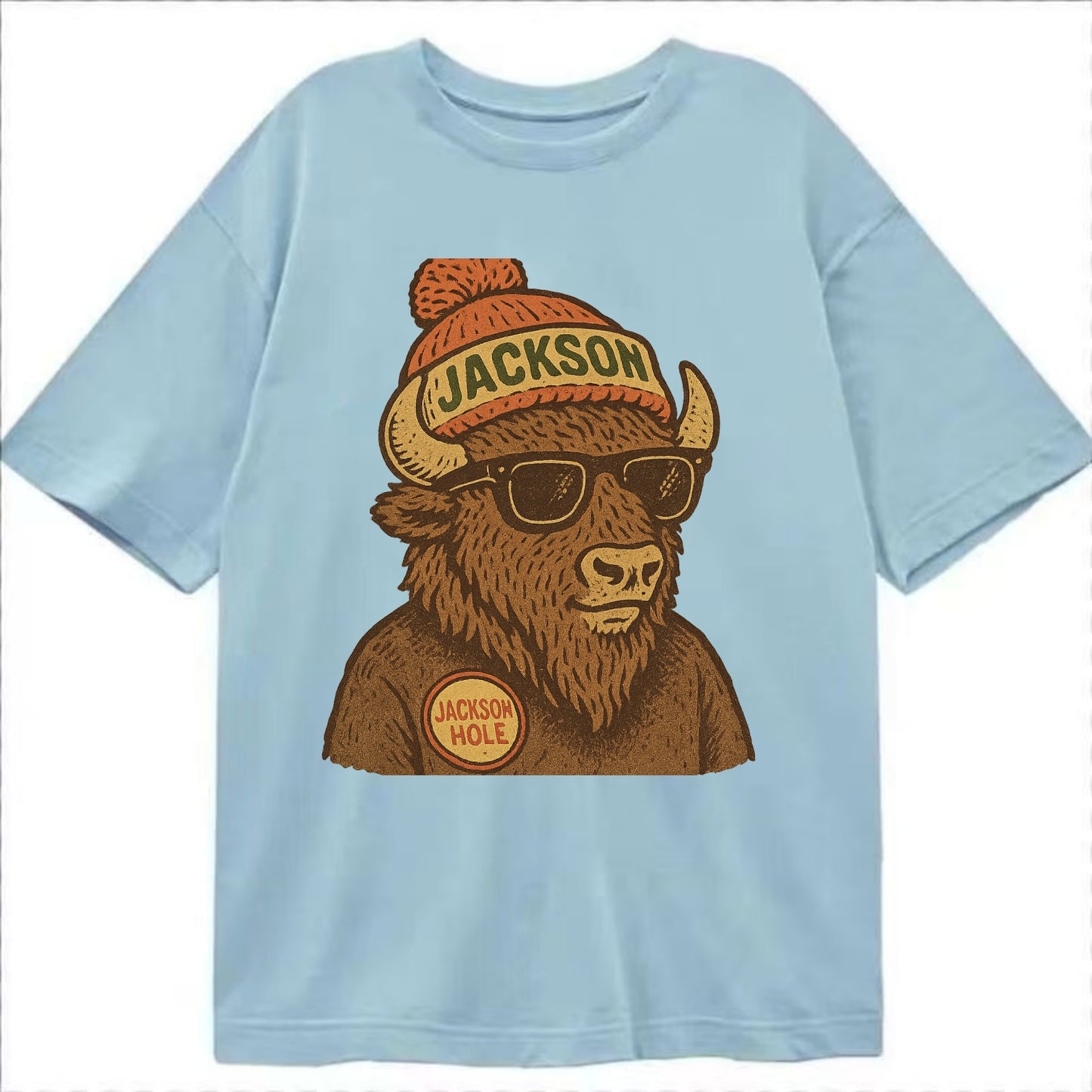 Jackson Hole Bison wearing Jackson beanie with pom pom and wayfarer sunglasses - Classic T-shirt - Light Blue