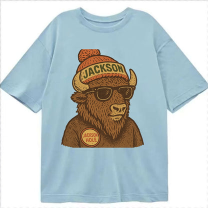 Jackson Hole Bison wearing Jackson beanie with pom pom and wayfarer sunglasses - Classic T-shirt - Light Blue