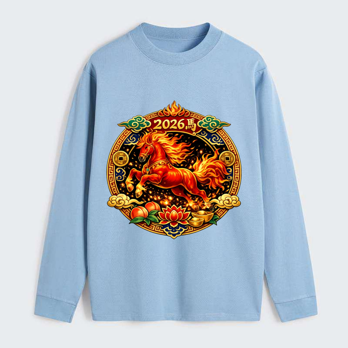 FIRE HORSE | Flaming mane and tail horse | Blazing orange and red - Classic Long Sleeve Shirt - Light Blue