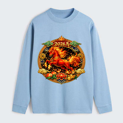 FIRE HORSE | Flaming mane and tail horse | Blazing orange and red - Classic Long Sleeve Shirt - Light Blue