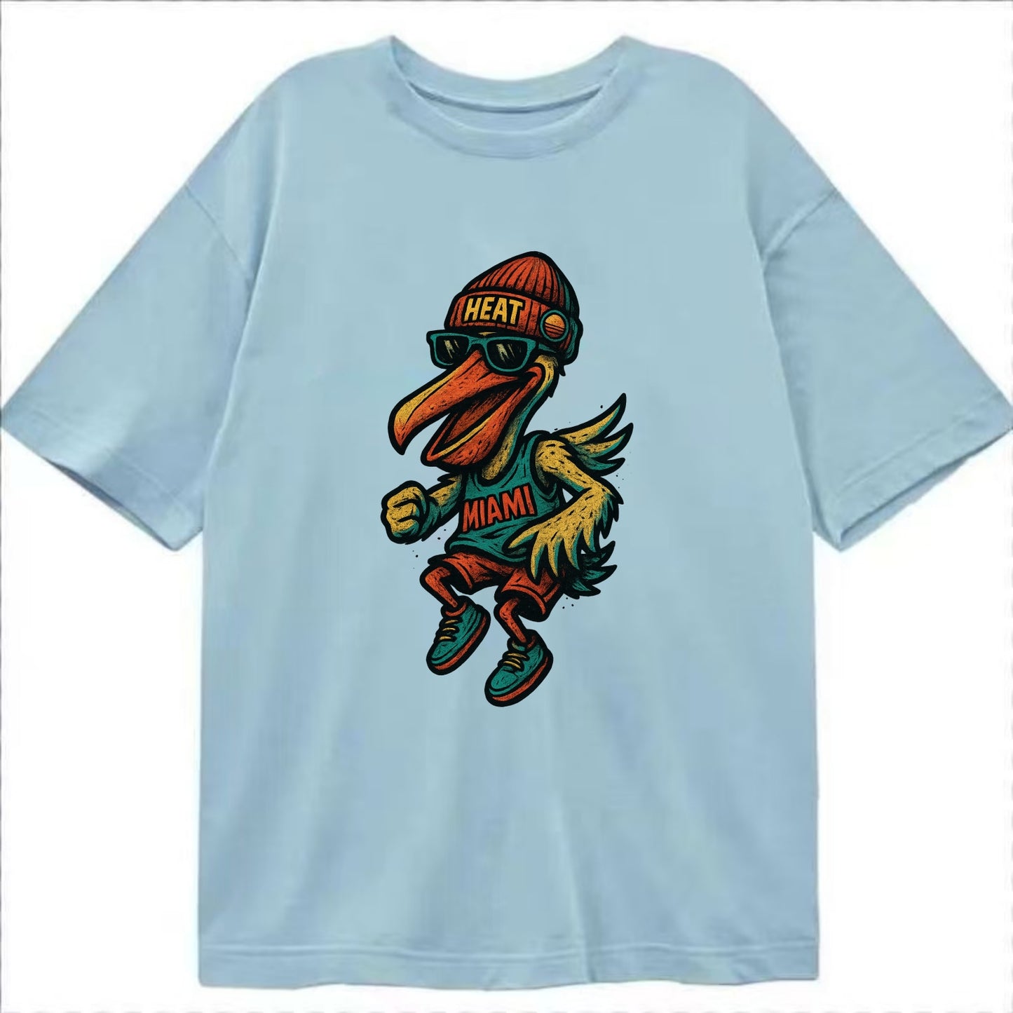 Miami Pelican wearing Heat beanie with sunset patch and wayfarer sunglasses - Classic T-shirt - Light Blue