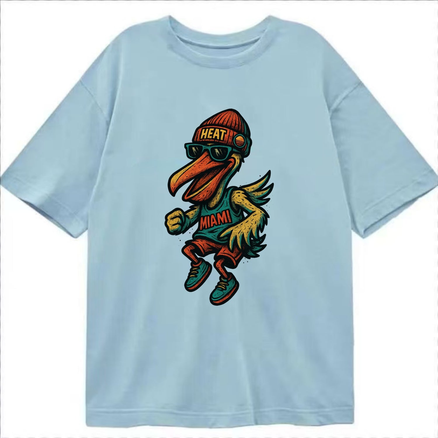Miami Pelican wearing Heat beanie with sunset patch and wayfarer sunglasses - Classic T-shirt - Light Blue