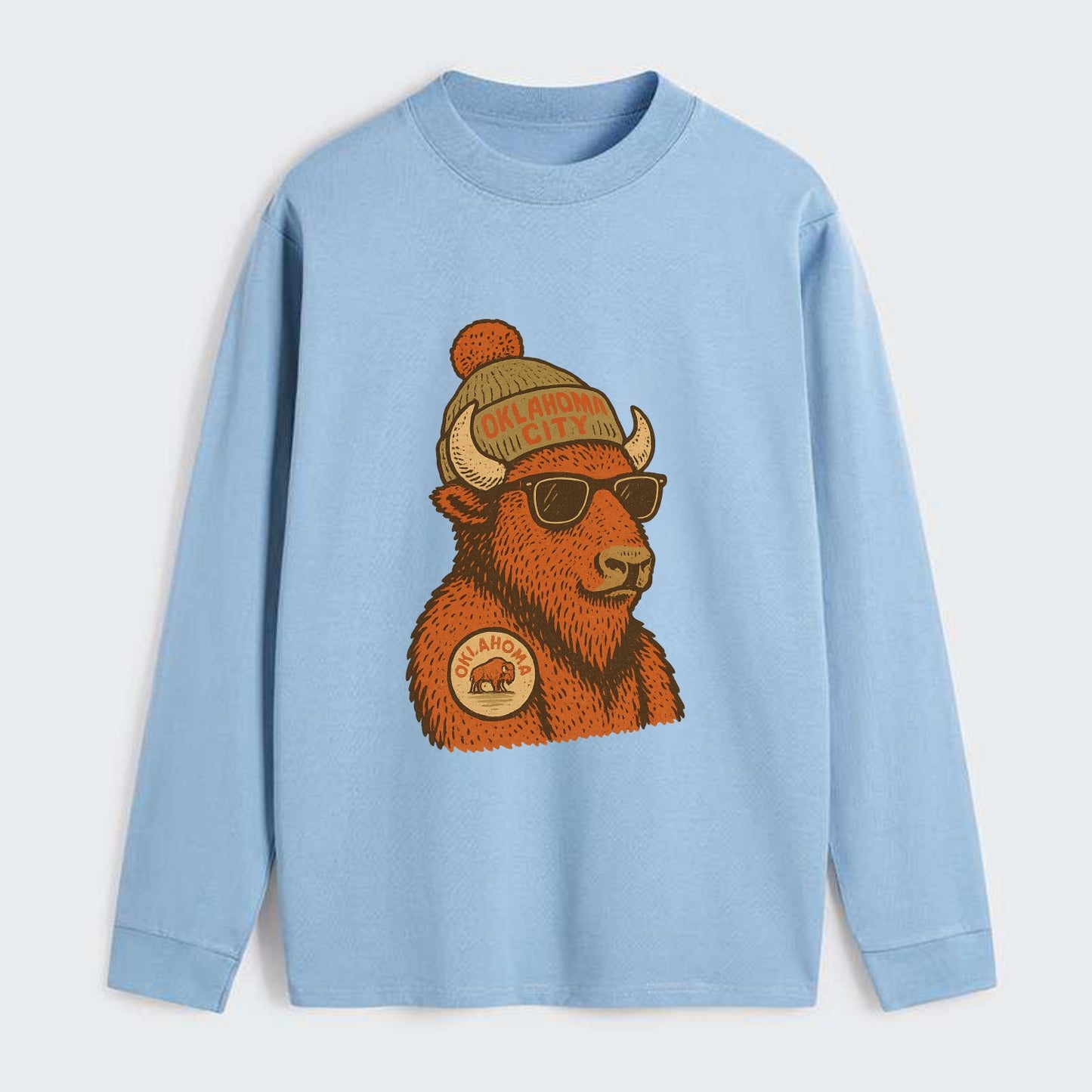 Oklahoma Buffalo wearing Oklahoma City beanie with pom pom and wayfarer - Classic Long Sleeve Shirt - Light Blue