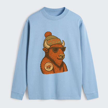 Oklahoma Buffalo wearing Oklahoma City beanie with pom pom and wayfarer - Classic Long Sleeve Shirt - Light Blue