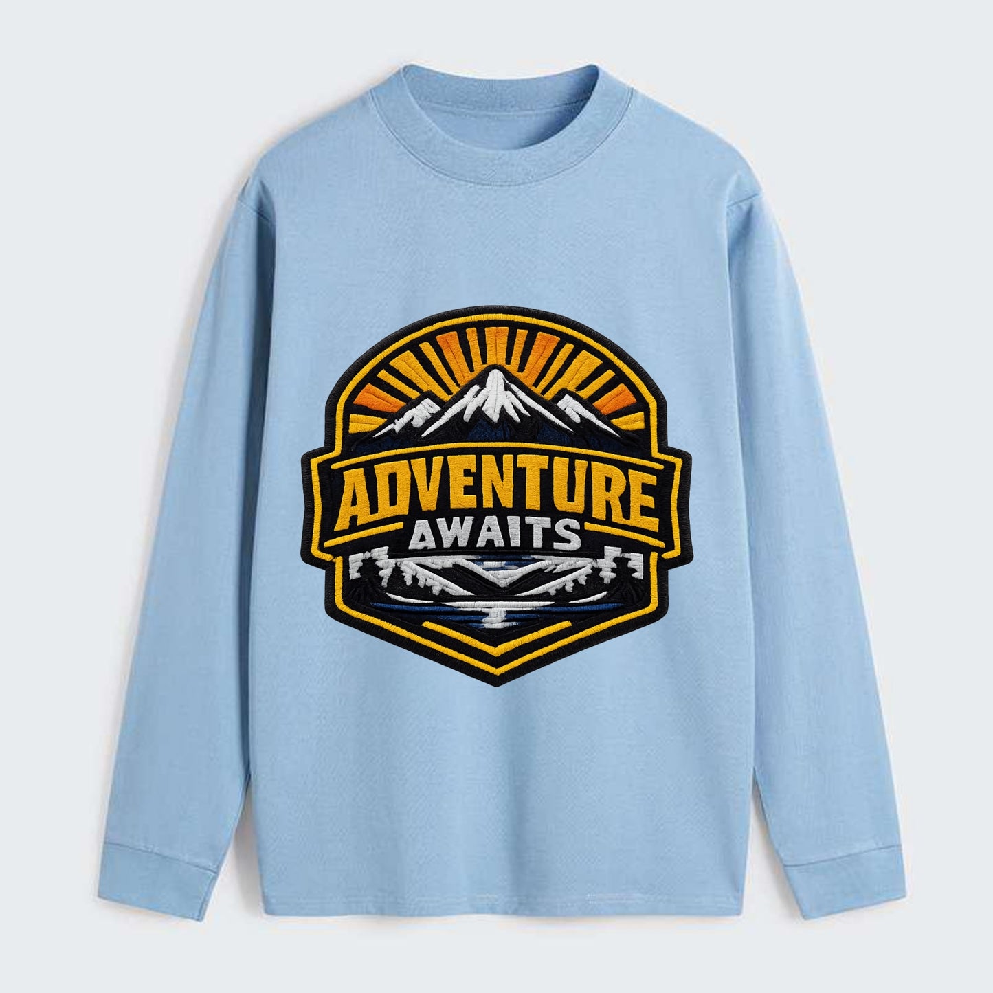 ADVENTURE AWAITS - mountain sunrise with text in gold and blue , - Classic Long Sleeve Shirt - Light Blue