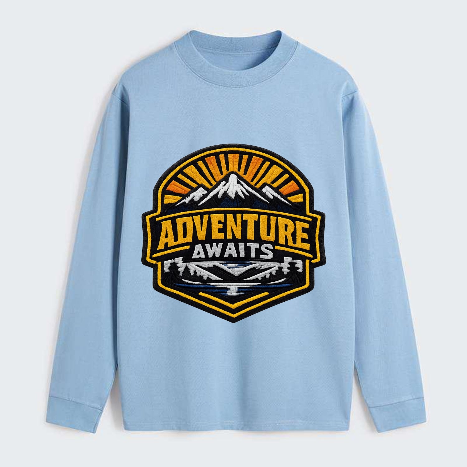 ADVENTURE AWAITS - mountain sunrise with text in gold and blue , - Classic Long Sleeve Shirt - Light Blue