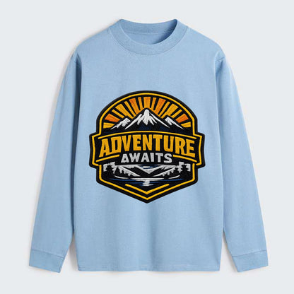 ADVENTURE AWAITS - mountain sunrise with text in gold and blue , - Classic Long Sleeve Shirt - Light Blue