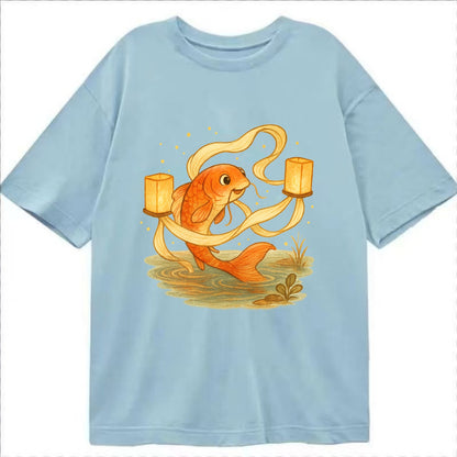 Koi weaving silk streamers through floating lanterns on tranquil water - Classic T-shirt - Light Blue