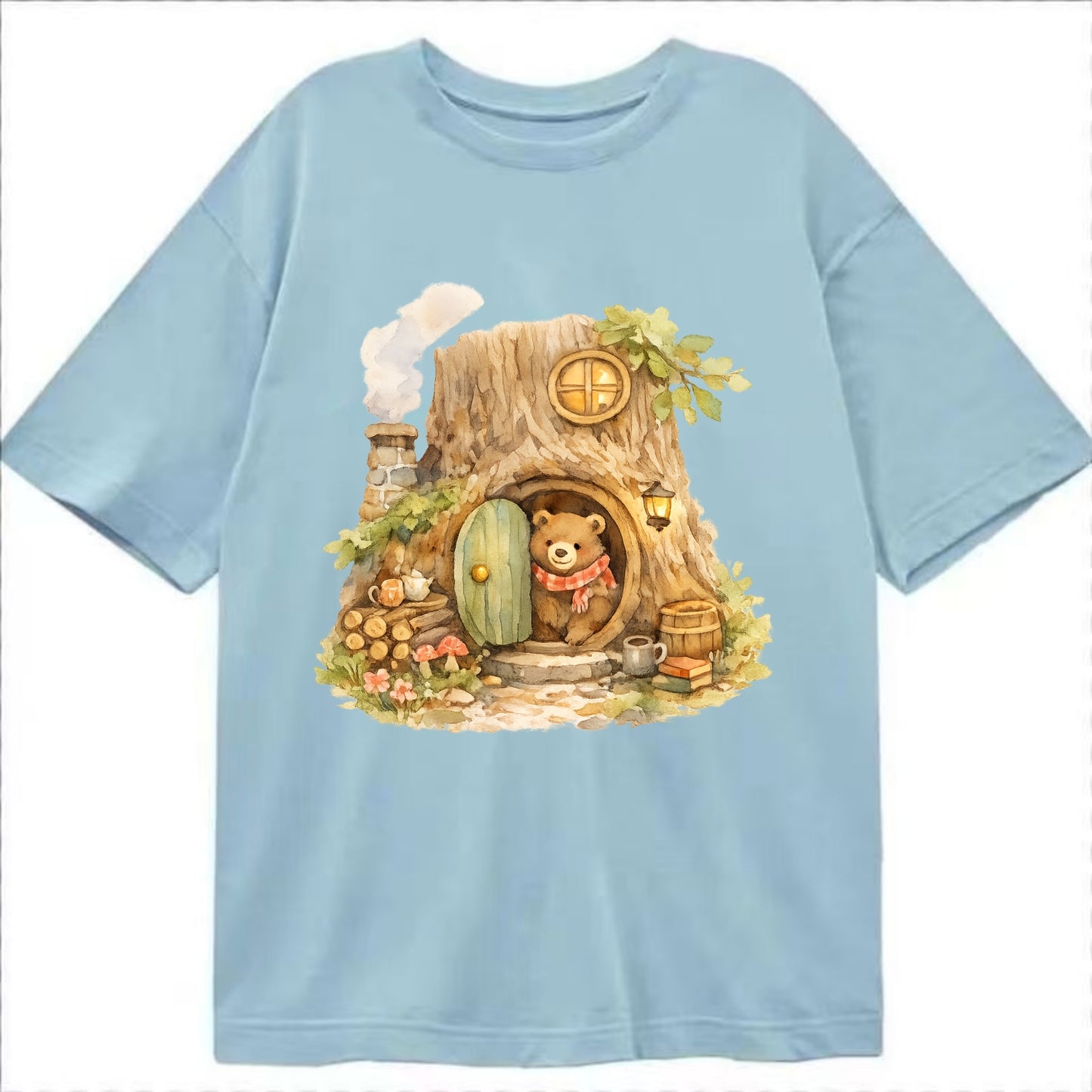 TREE HOME | Bear's home in hollow tree | Round door | Chimney smoke | Woodland - Classic T-shirt - Light Blue