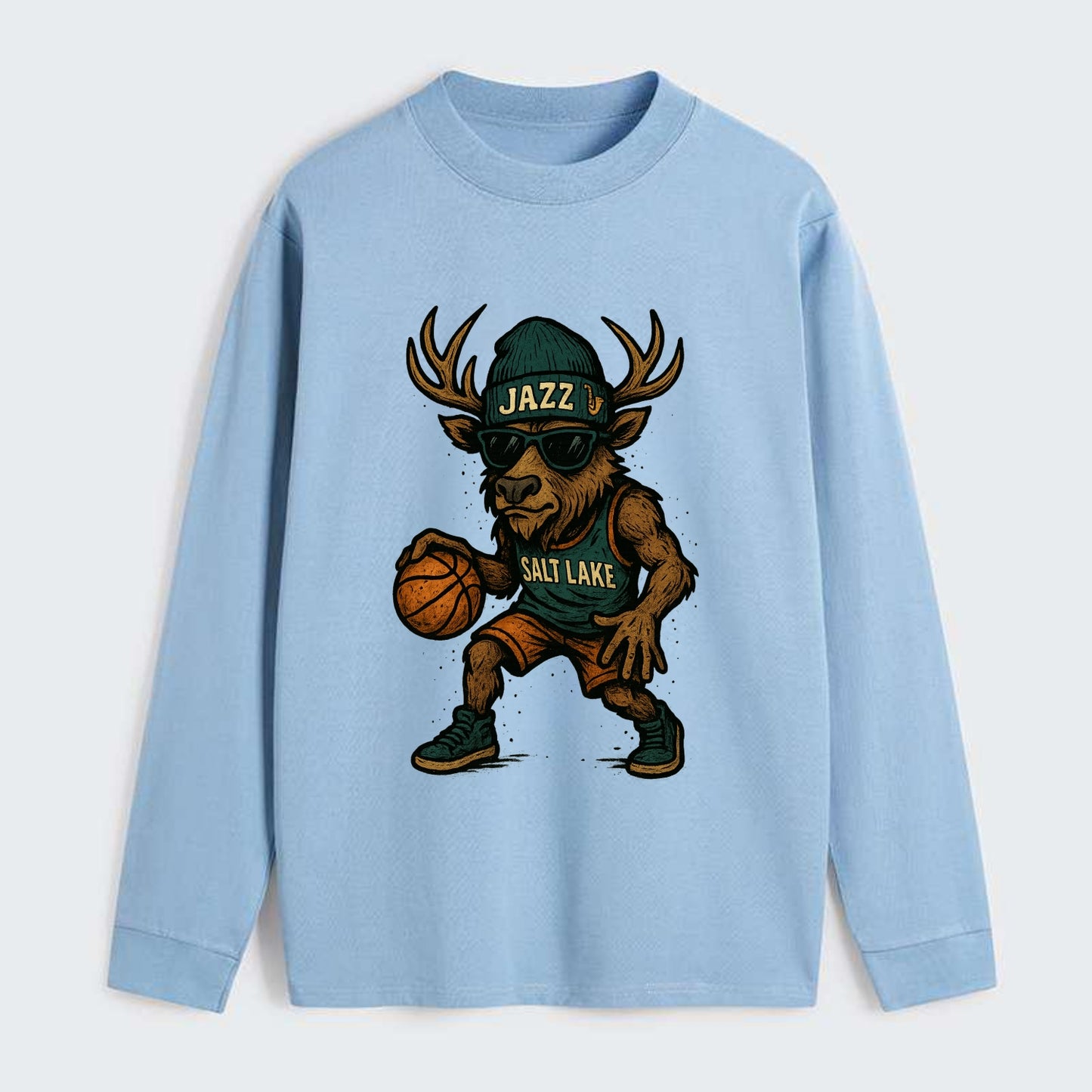 Salt Lake Elk wearing Jazz beanie with saxophone patch and wayfarer - Classic Long Sleeve Shirt - Light Blue