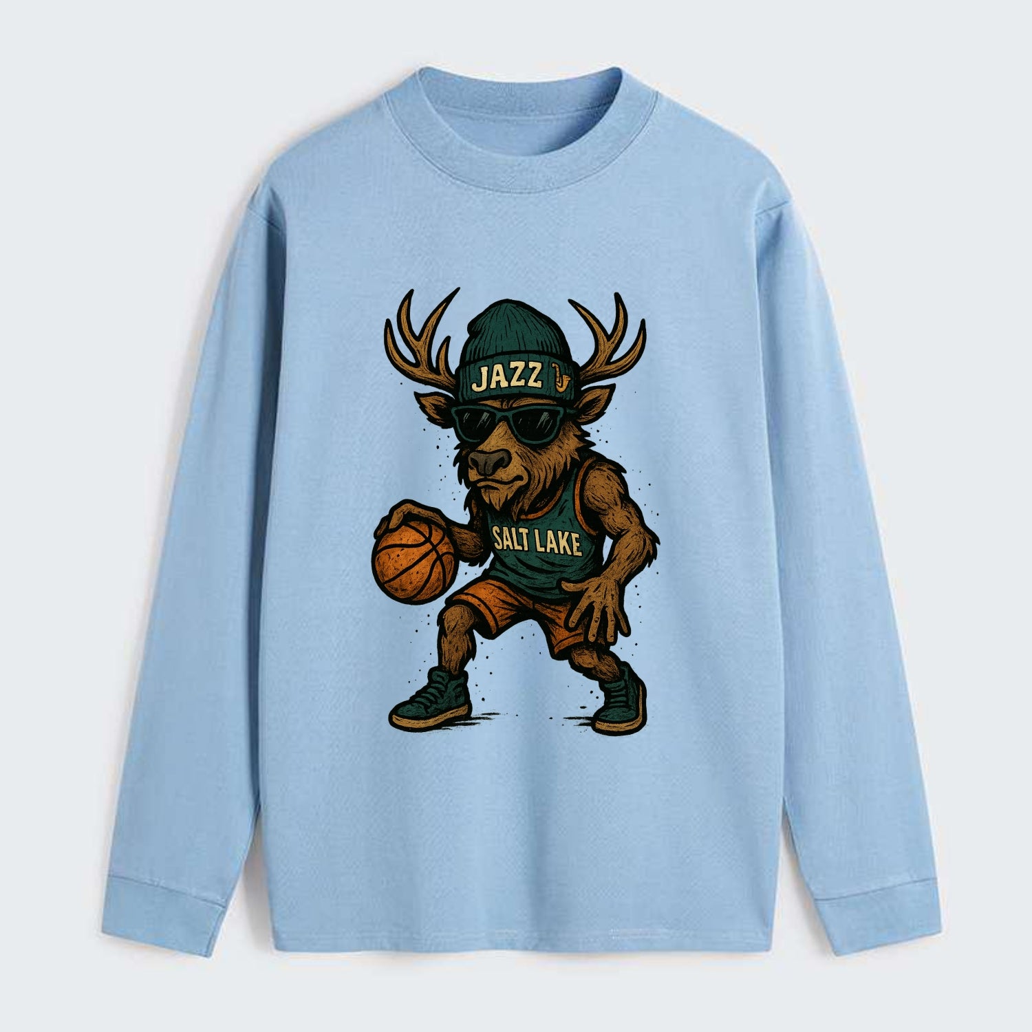 Salt Lake Elk wearing Jazz beanie with saxophone patch and wayfarer - Classic Long Sleeve Shirt - Light Blue
