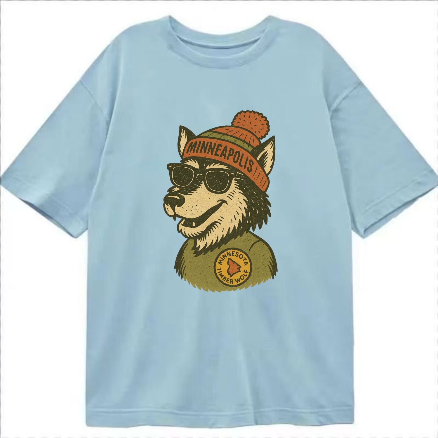 Minnesota Timber Wolf wearing Minneapolis beanie with pom pom and wayfarer - Classic T-shirt - Light Blue