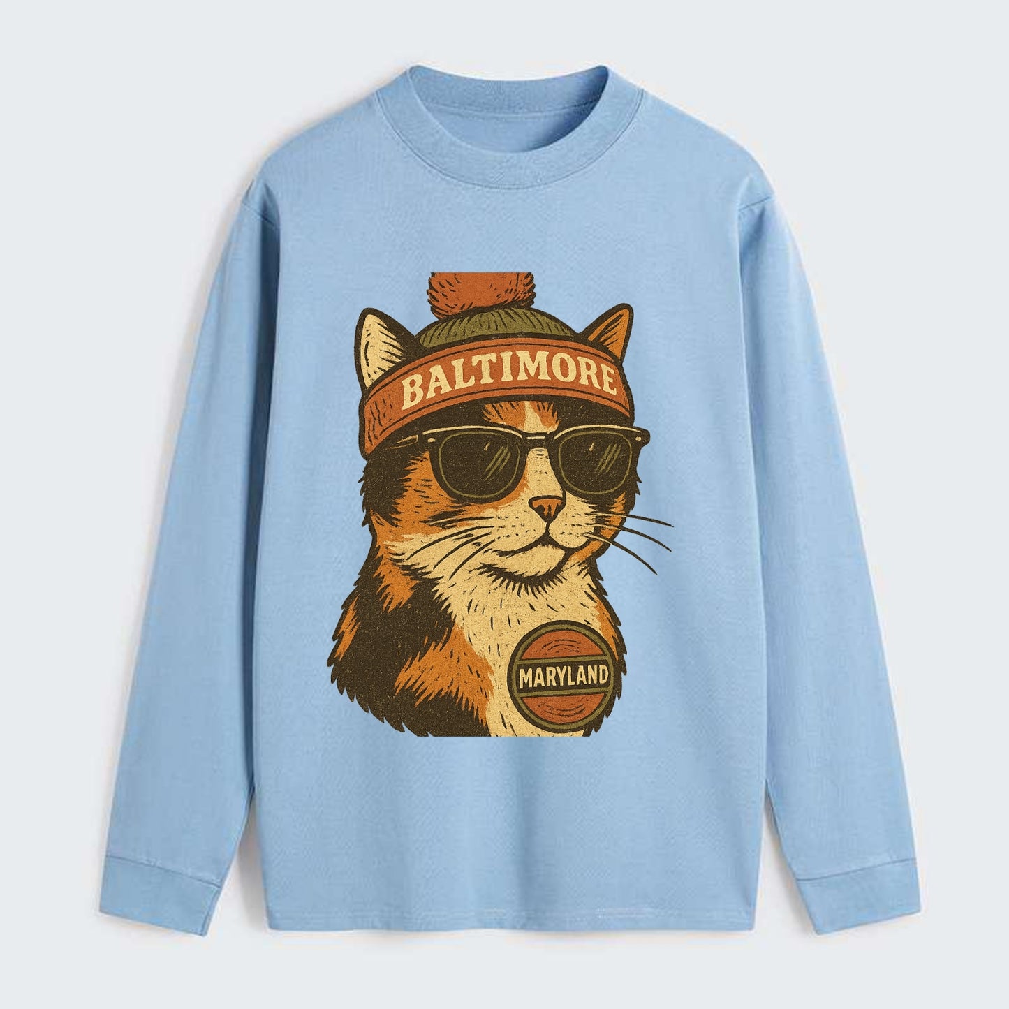 Maryland Calico Cat wearing Baltimore beanie with pom pom and wayfarer - Classic Long Sleeve Shirt - Light Blue