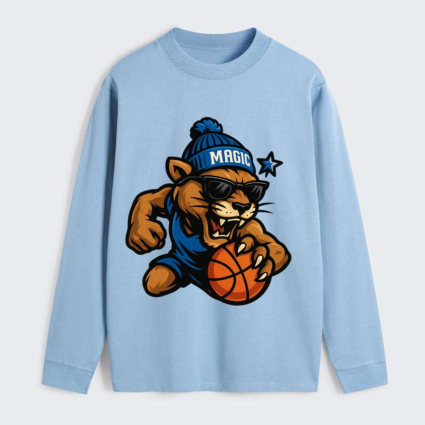 Florida Panther wearing Magic beanie with star wand patch and wayfarer - Classic Long Sleeve Shirt - Light Blue