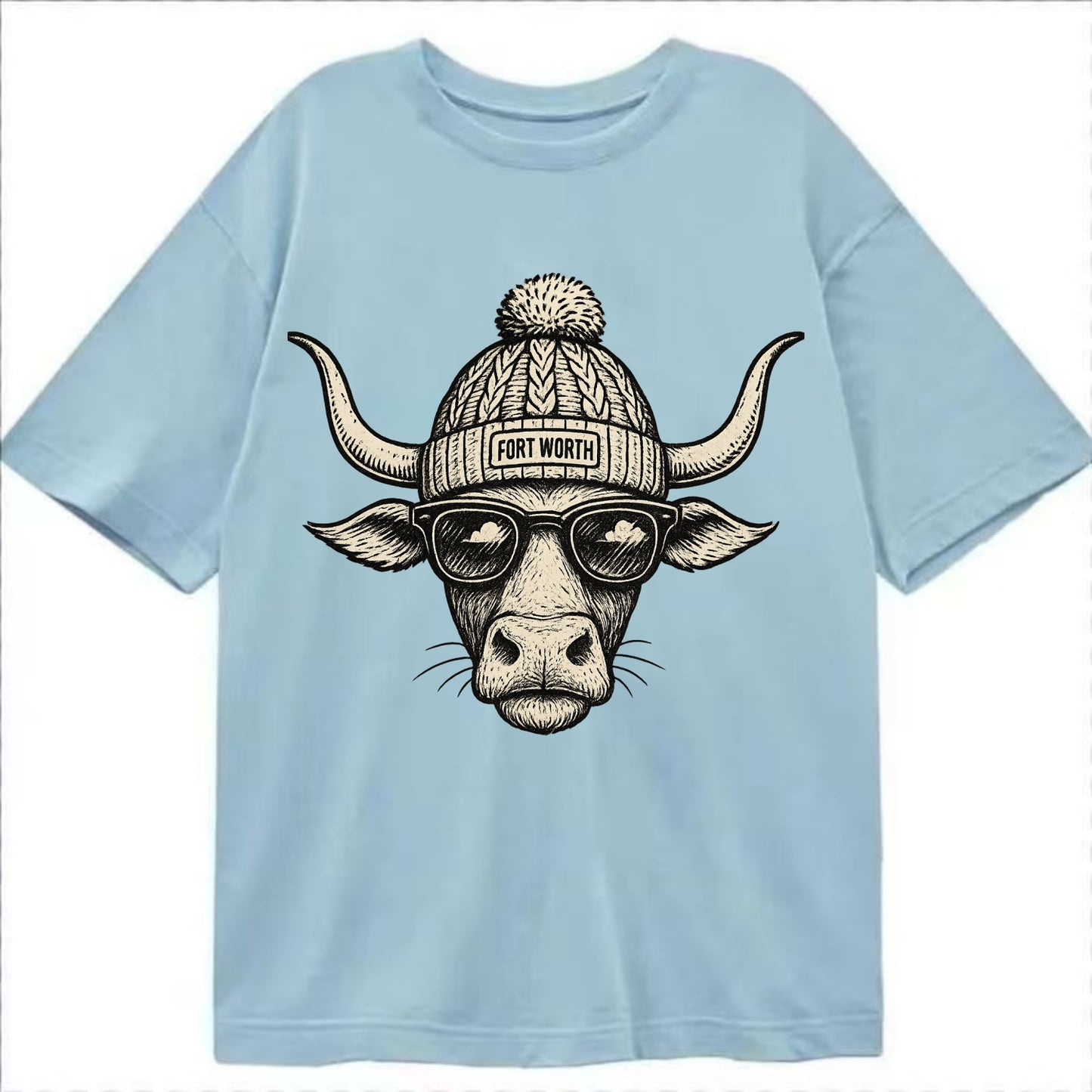 Fort Worth Longhorn wearing Fort Worth beanie with pom pom and wayfarer sunglasses - Classic T-shirt - Light Blue