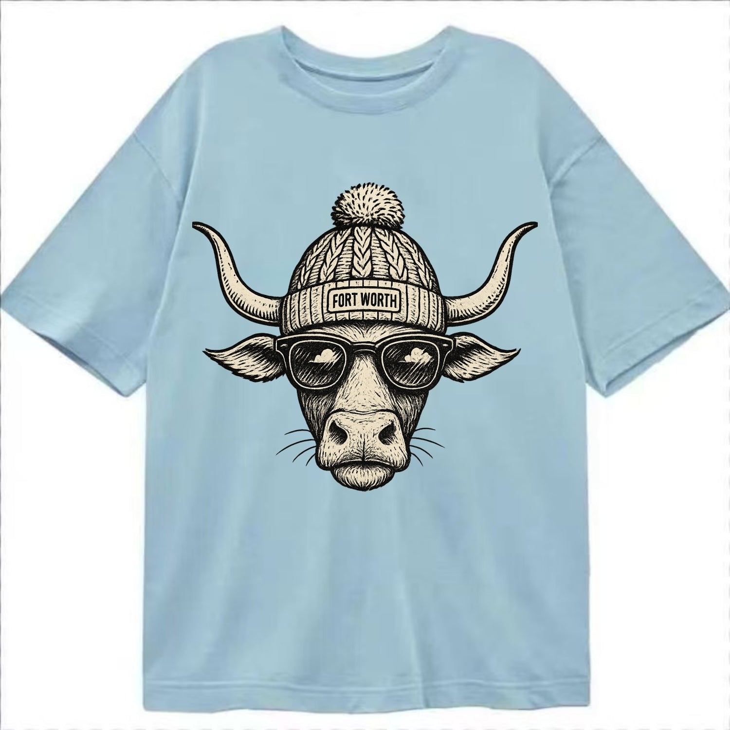 Fort Worth Longhorn wearing Fort Worth beanie with pom pom and wayfarer sunglasses - Classic T-shirt - Light Blue
