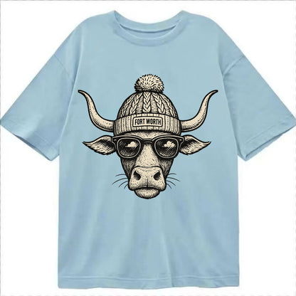 Fort Worth Longhorn wearing Fort Worth beanie with pom pom and wayfarer sunglasses - Classic T-shirt - Light Blue