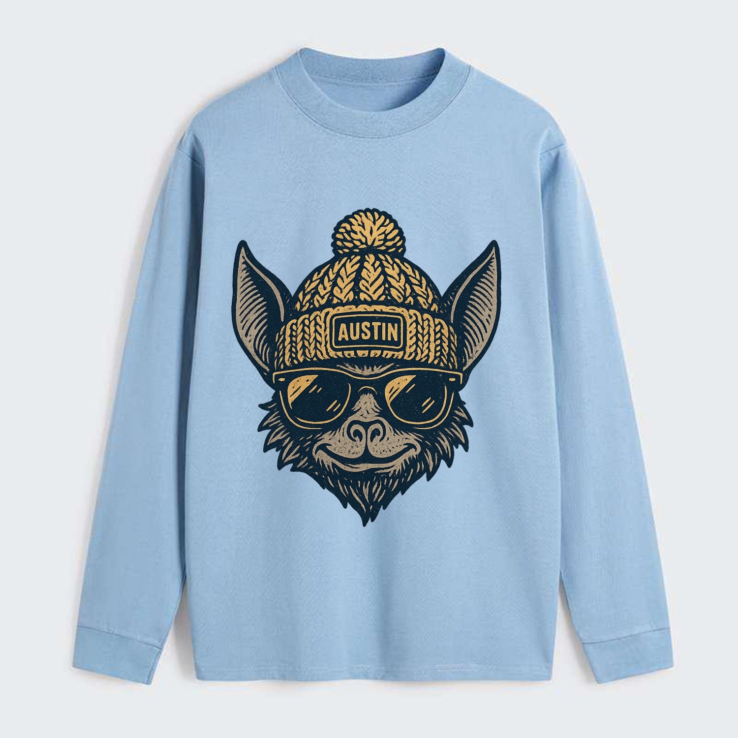 Austin Bat wearing Austin beanie with pom pom and wayfarer sunglasses - Classic Long Sleeve Shirt - Light Blue