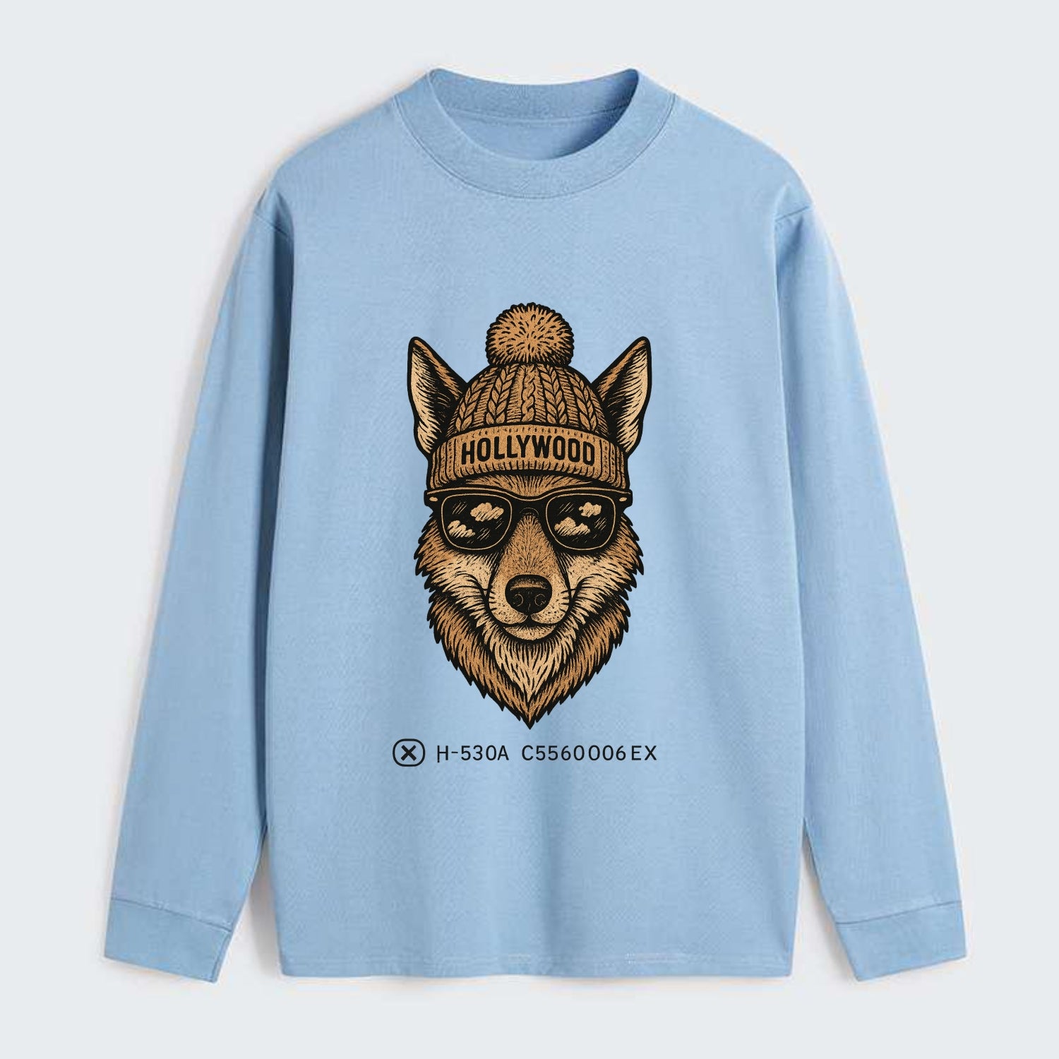 LA Coyote wearing Hollywood beanie with pom pom and wayfarer sunglasses - Classic Long Sleeve Shirt - Light Blue