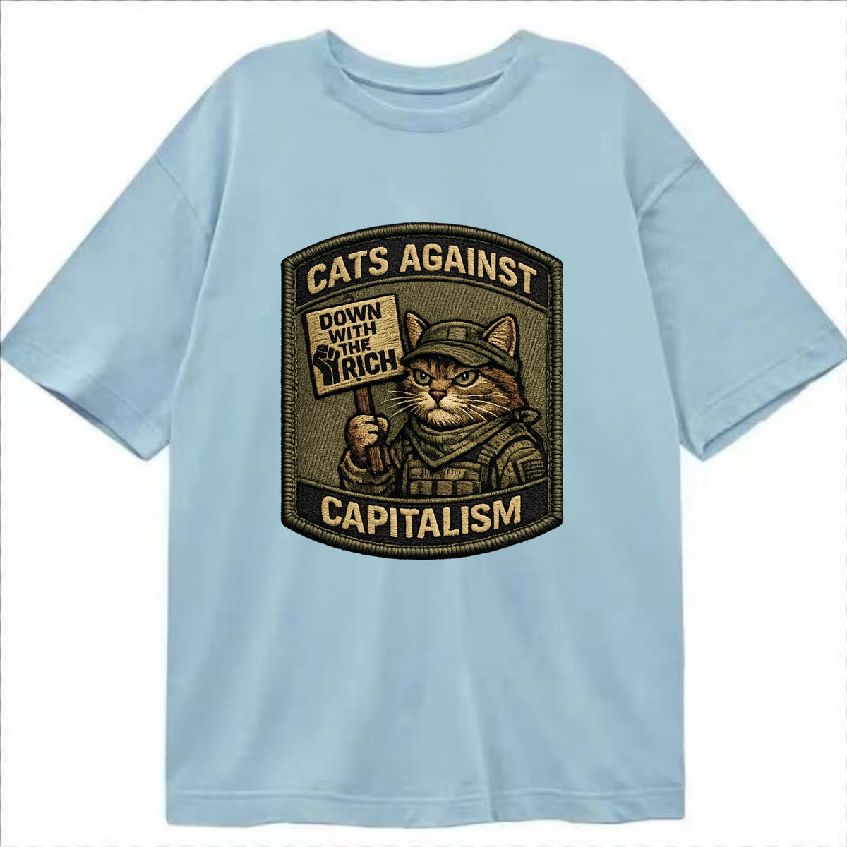CATS AGAINST CAPITALISM - cat with protest sign in red , political cat - Classic T-shirt - Light Blue