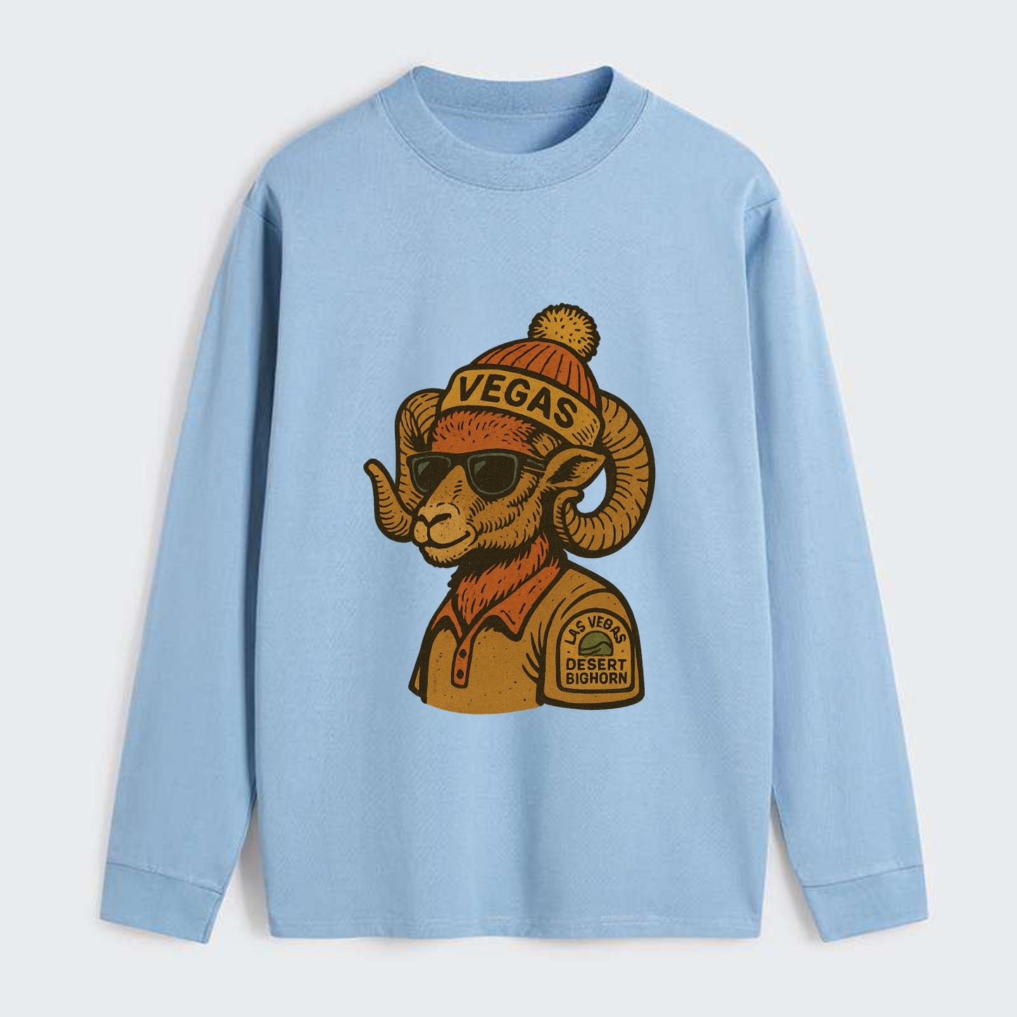 Las Vegas Desert Bighorn wearing Vegas beanie with pom pom and wayfarer - Classic Long Sleeve Shirt - Light Blue