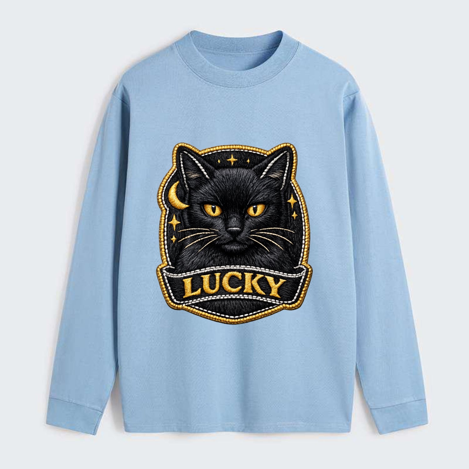 BLACK CAT LUCKY - sleek black cat with gold eyes in black , mysterious - Classic Long Sleeve Shirt - Light Blue
