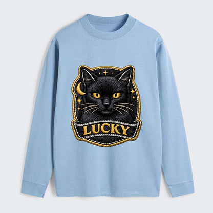 BLACK CAT LUCKY - sleek black cat with gold eyes in black , mysterious - Classic Long Sleeve Shirt - Light Blue