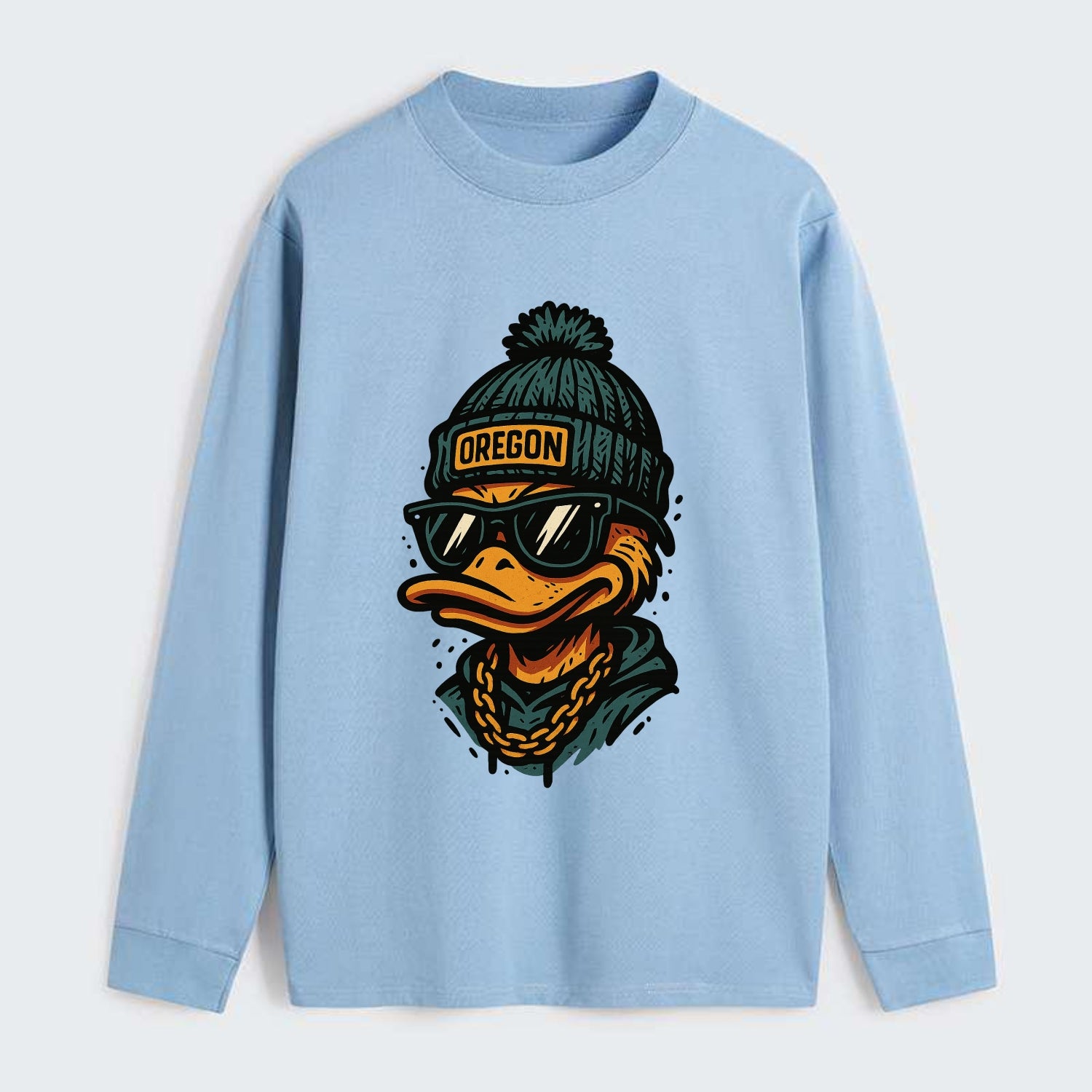 Eugene Duck wearing Oregon beanie with p - Classic Long Sleeve Shirt - Light Blue