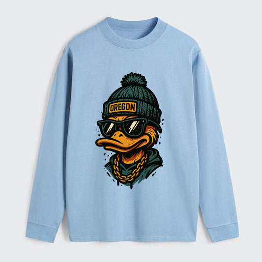 Eugene Duck wearing Oregon beanie with p - Classic Long Sleeve Shirt - Light Blue