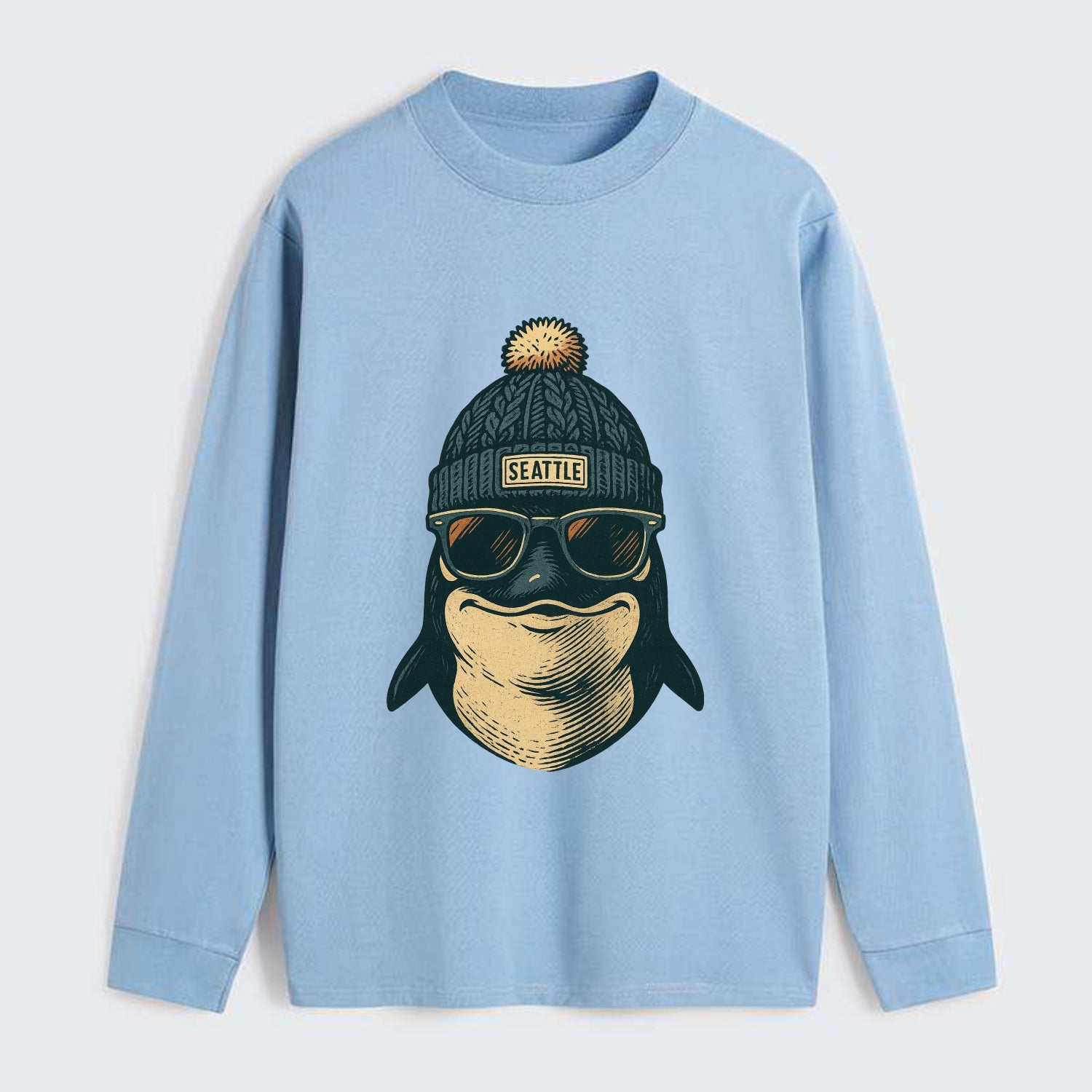 Washington Orca wearing Seattle beanie with pom pom and wayfarer - Classic Long Sleeve Shirt - Light Blue