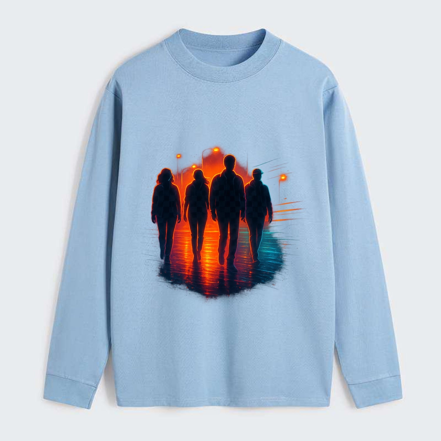 gang of silhouettes walking together at sunset by the beach - Classic Long Sleeve Shirt - Light Blue