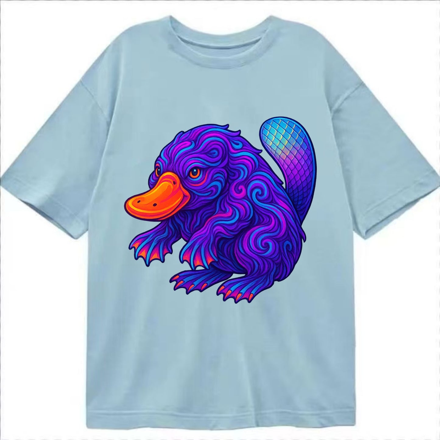Quirky platypus with bill glowing in neon orange, beaver tail with holographic - Classic T-shirt - Light Blue