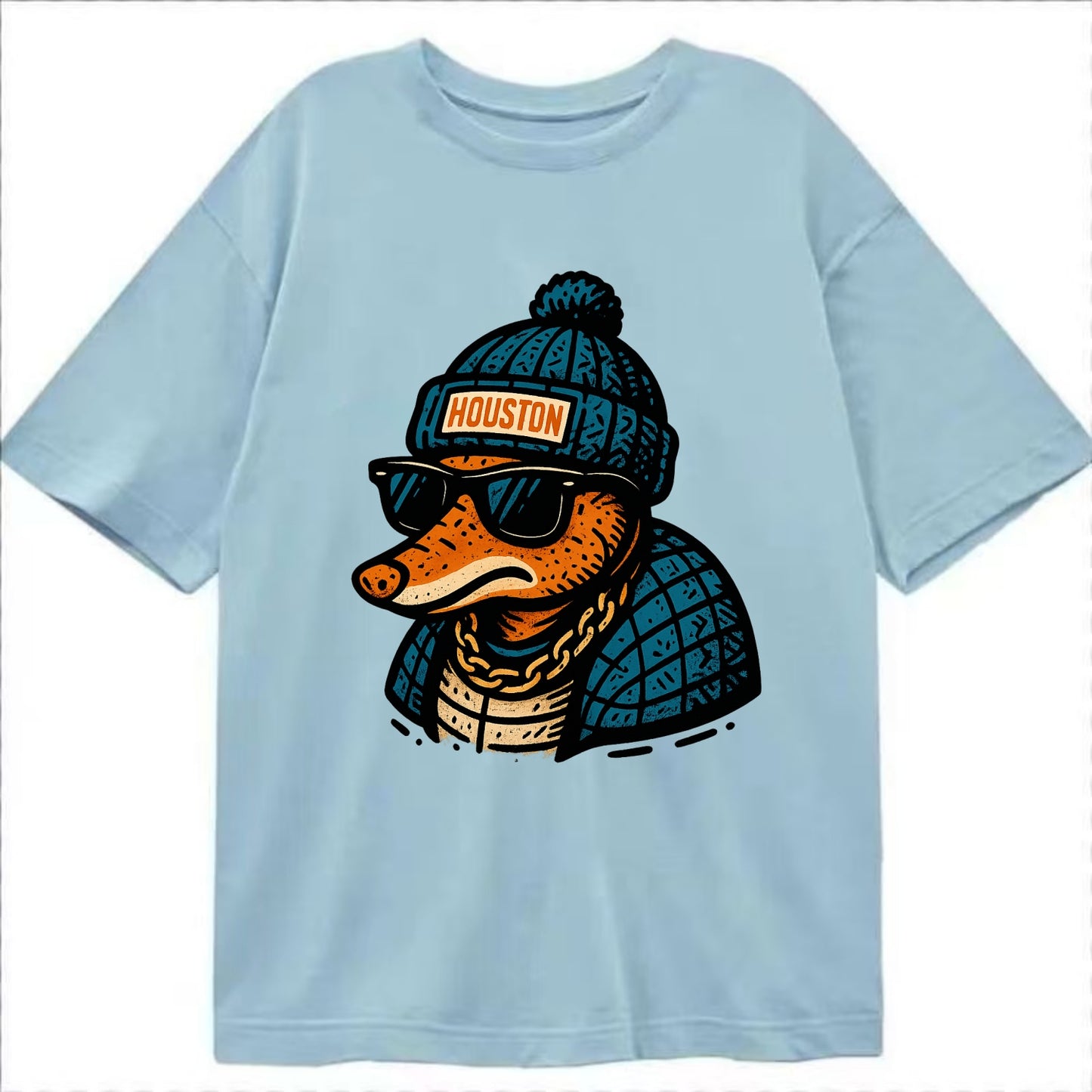 Houston Armadillo wearing Houston beanie with pom pom and wayfarer sunglasses - Classic T-shirt - Light Blue