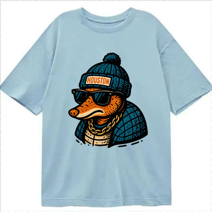 Houston Armadillo wearing Houston beanie with pom pom and wayfarer sunglasses - Classic T-shirt - Light Blue