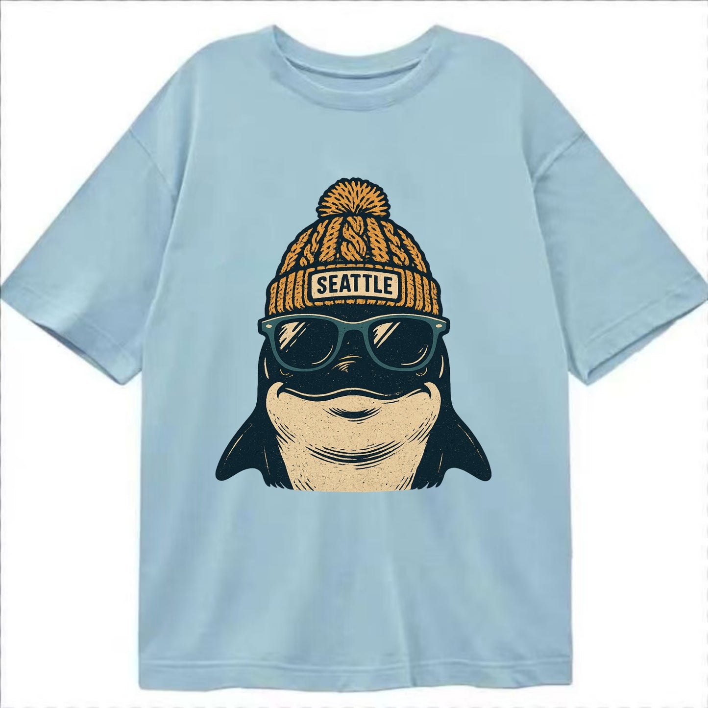 Seattle Orca wearing Seattle beanie with pom pom and wayfarer sunglasses - Classic T-shirt - Light Blue
