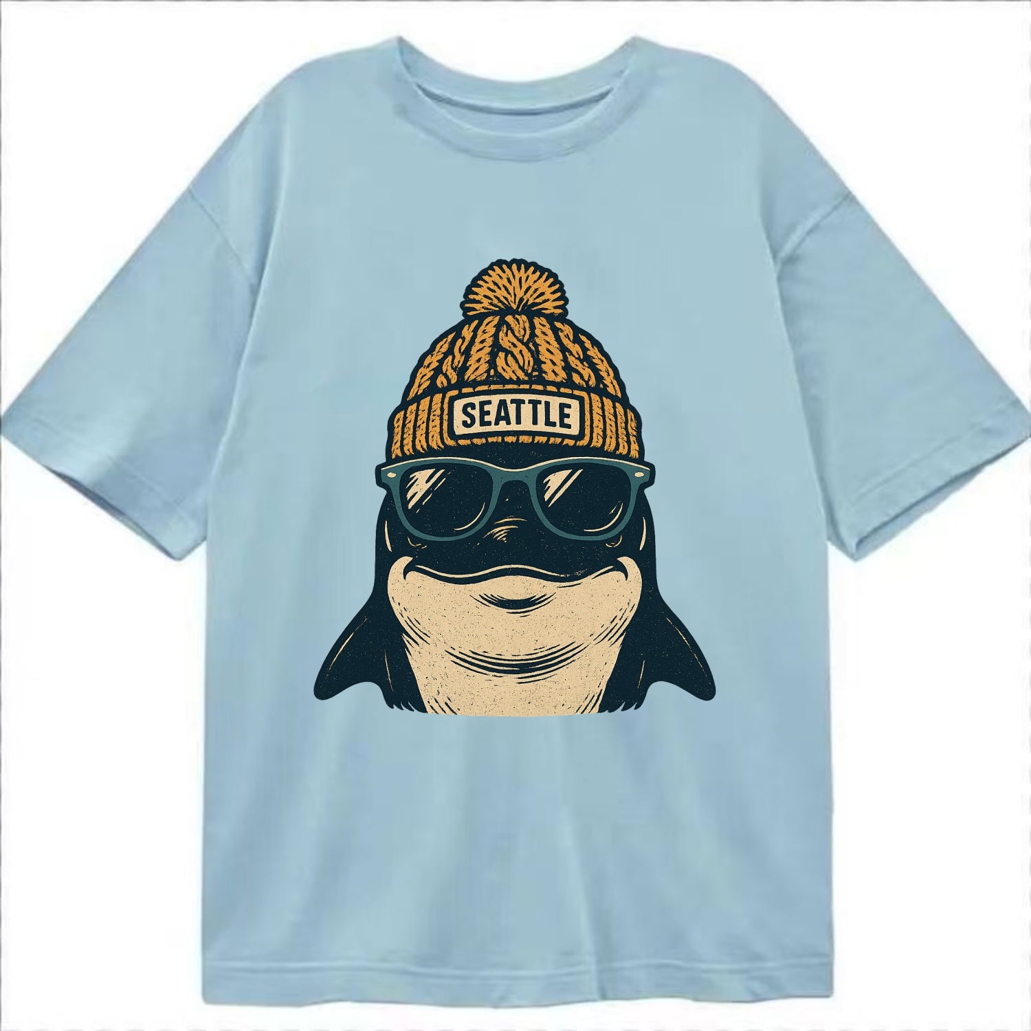 Seattle Orca wearing Seattle beanie with pom pom and wayfarer sunglasses - Classic T-shirt - Light Blue