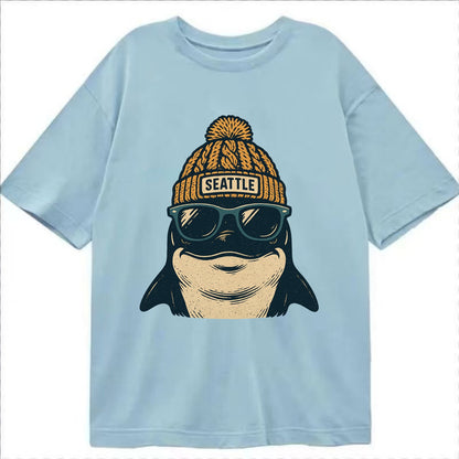 Seattle Orca wearing Seattle beanie with pom pom and wayfarer sunglasses - Classic T-shirt - Light Blue