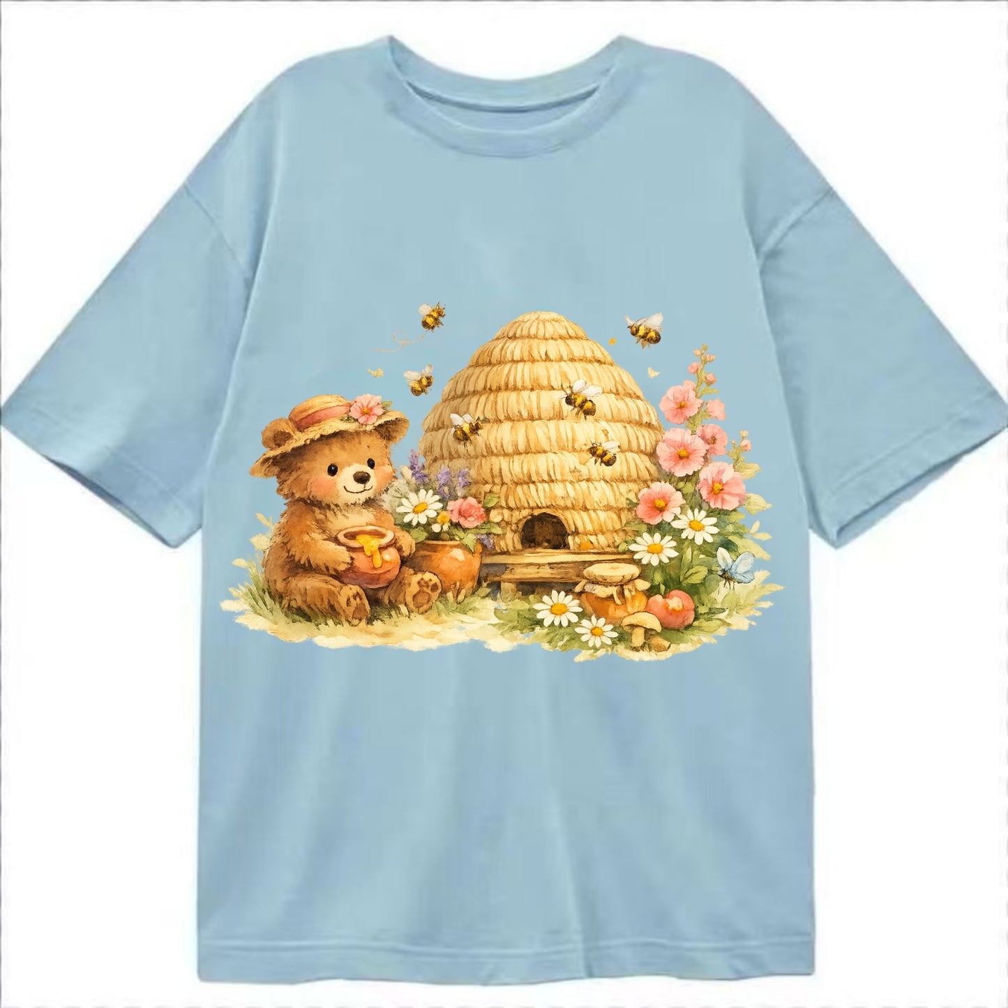 SKEP HIVE | Traditional straw beehive | Cottage garden setting | Buzzing activity - Classic T-shirt - Light Blue