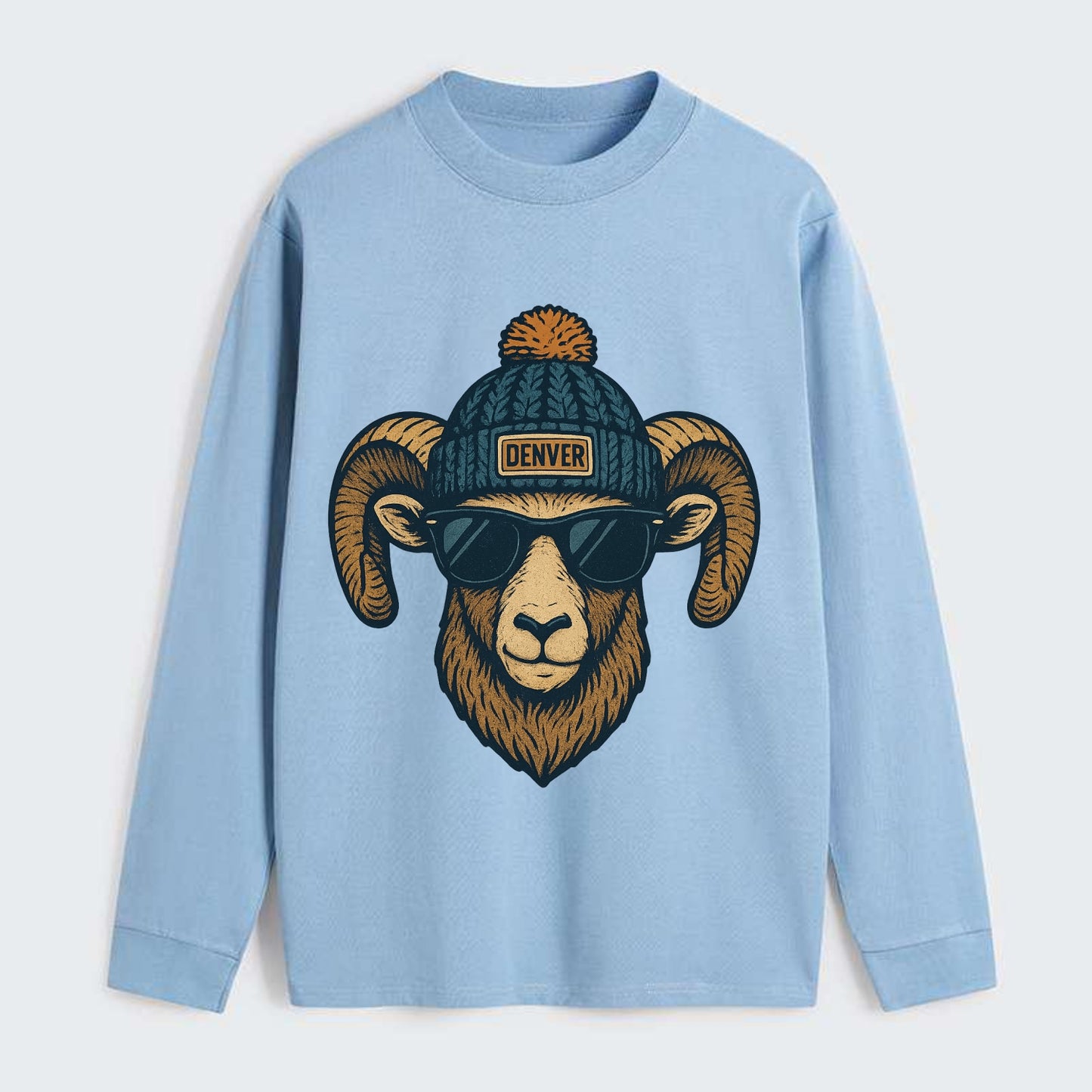 Colorado Rocky Mountain Bighorn Sheep wearing Denver beanie with pom - Classic Long Sleeve Shirt - Light Blue